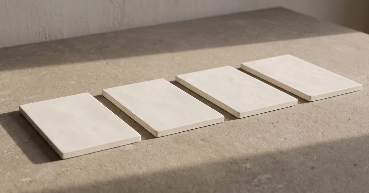Four identical pale plaster tablets laid in a row on a warm stone tabletop, raking light from one side casting a separate shadow from each
