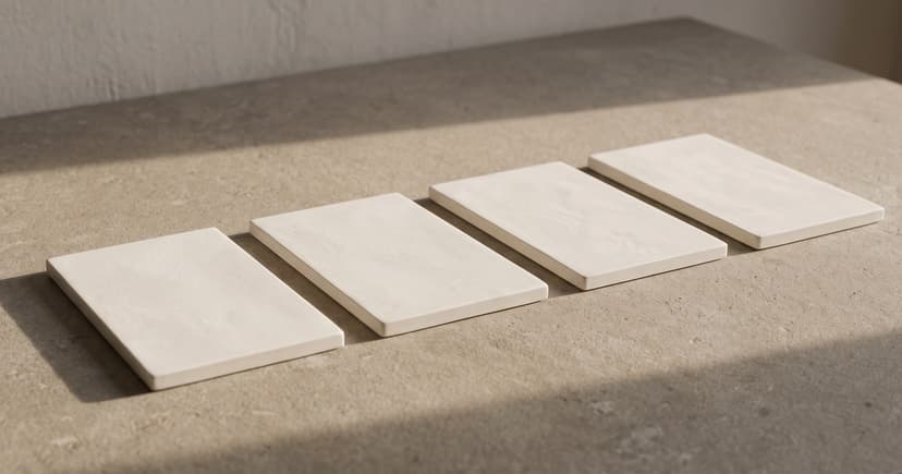 Four identical pale plaster tablets laid in a row on a warm stone tabletop, raking light from one side casting a separate shadow from each