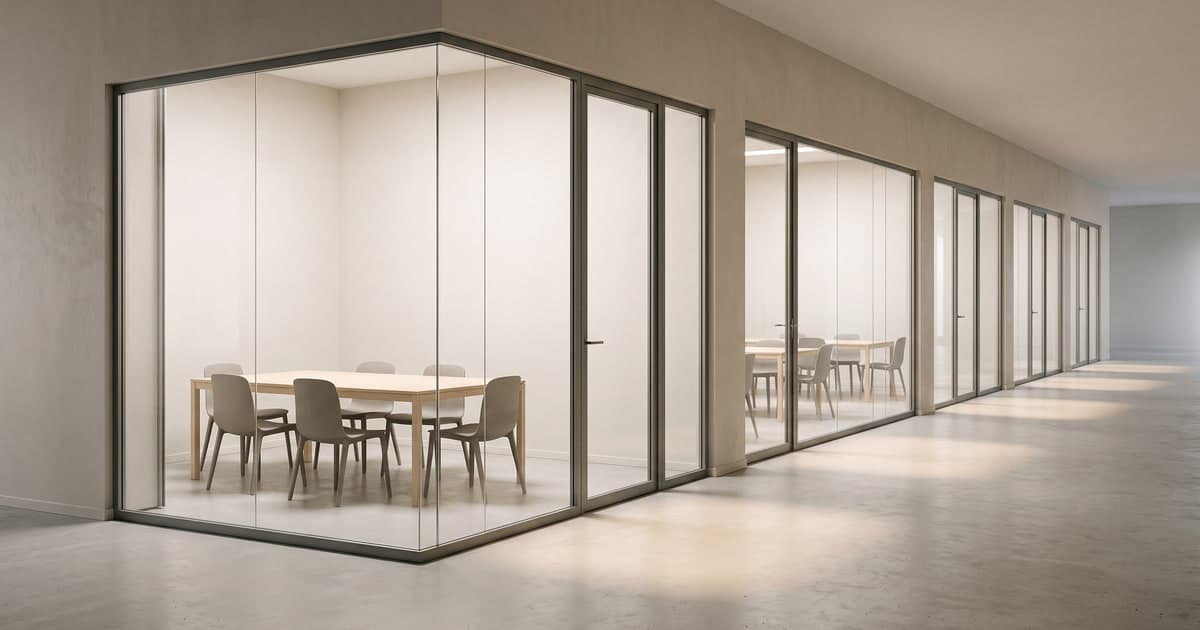 A corridor of glass-walled meeting rooms receding into the distance, each one furnished with a pale wood table and chairs, every one of them empty