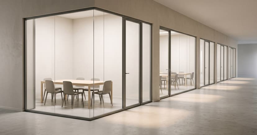 A corridor of glass-walled meeting rooms receding into the distance, each one furnished with a pale wood table and chairs, every one of them empty