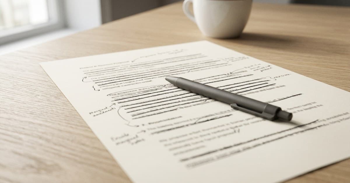 A typed proposal lying on a pale wooden table beside a coffee cup, its lines struck through and ringed with handwritten amendments, a grey pen resting across it