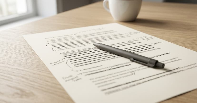 A typed proposal lying on a pale wooden table beside a coffee cup, its lines struck through and ringed with handwritten amendments, a grey pen resting across it