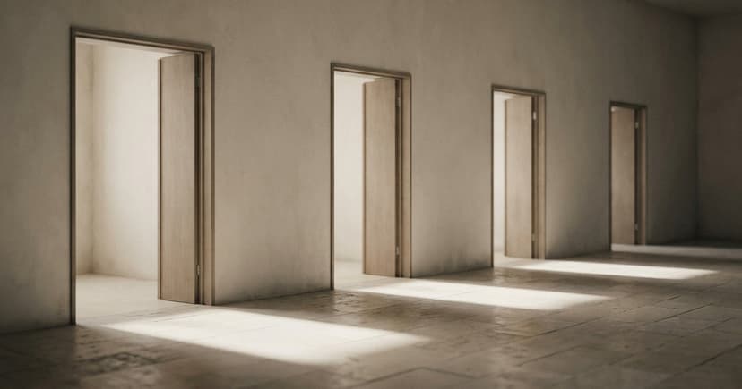 A run of four tall doorways in a plain plaster wall, every door standing open, each laying its own separate patch of daylight across the stone floor